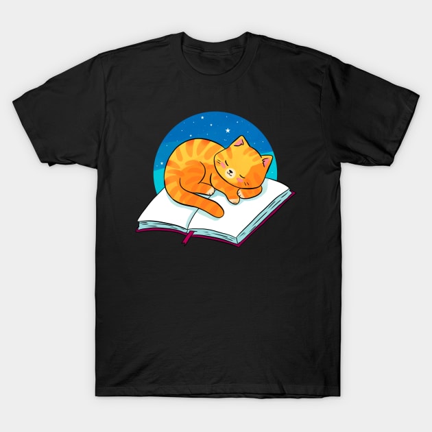 Cute ginger cat sleeping on a book T-Shirt by Yarafantasyart